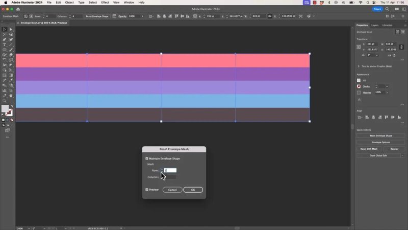 The 'Reset Envelope Mesh' dialog box open over the striped graphic in Adobe Illustrator, with options to configure rows and columns for the envelope distortion grid.