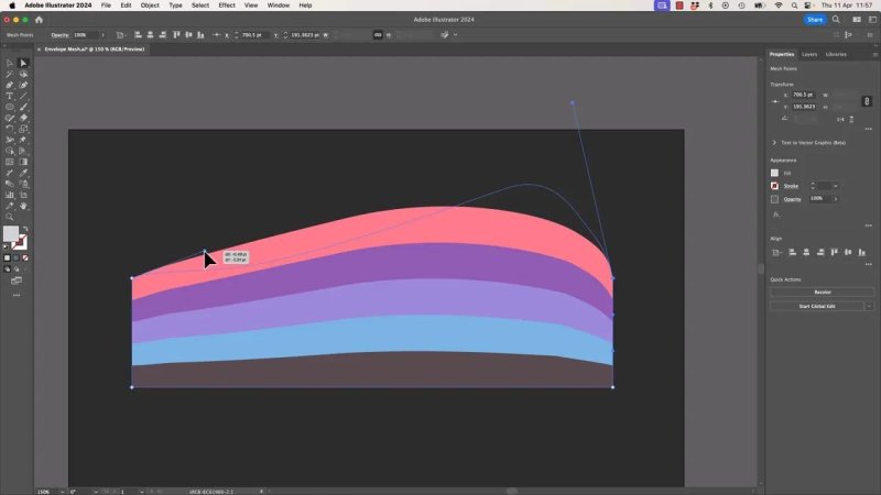 Adobe Illustrator workspace showing the Mesh tool active, with anchor points and Bézier handles along the mesh grid being dragged to deform the striped graphic into a smooth, upward-curving arc.