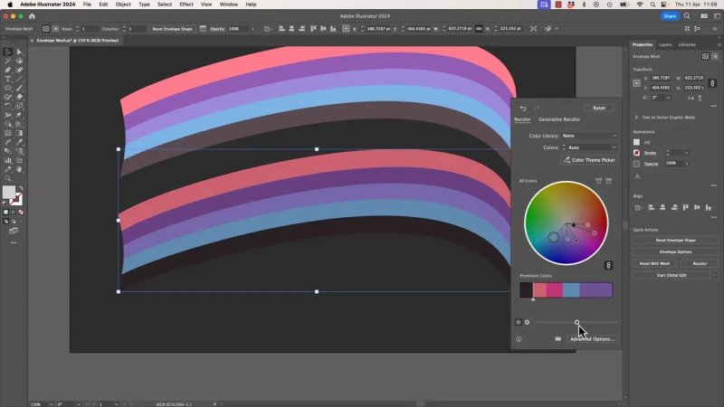 The Recolor Artwork panel open over a curved striped vector path in Adobe Illustrator, displaying a color wheel and slider controls used to adjust hue, saturation, and overall color scheme brightness.