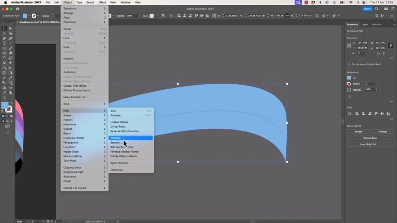 Adobe Illustrator workspace with the 'Object' menu open, navigating down to 'Path > Simplify...' to clean up and reduce excess anchor points on a selected curved blue vector silhouette.