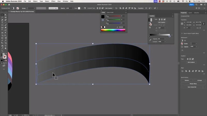 A curved black vector path acting as a drop shadow shape in Adobe Illustrator, with the Gradient panel open to configure a smooth black-to-transparent linear gradient fill.