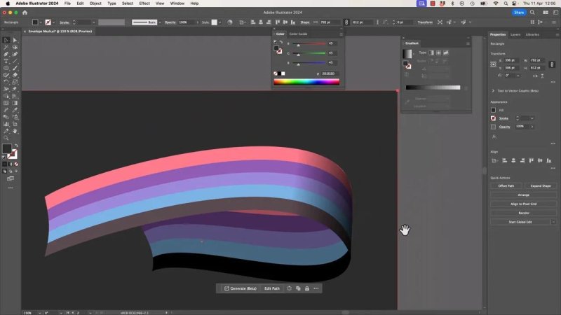 The completed vector illustration in Adobe Illustrator, showing the warped striped ribbon paired with its underlying black gradient shadow path to create a convincing 3D floating ribbon effect.