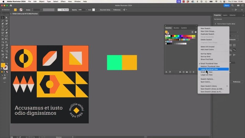 Adobe Illustrator workspace showing a geometric poster design layout on the left and the Swatches panel on the right with its flyout options menu open, highlighting the 