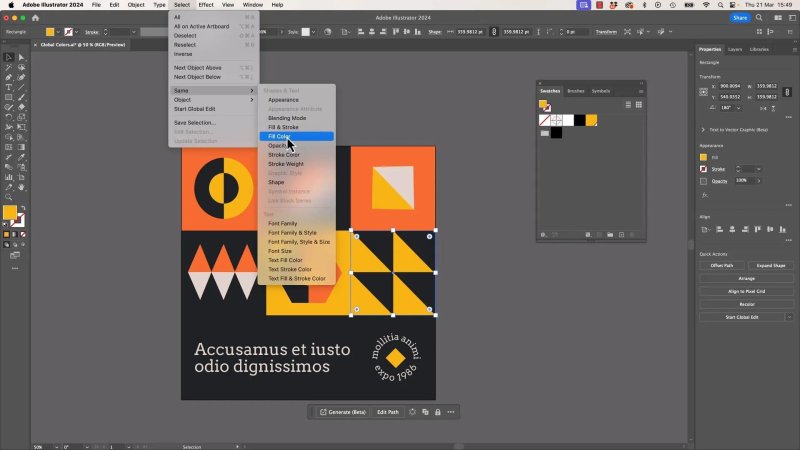 Adobe Illustrator workspace showing a section of the geometric pattern selected, with the 
