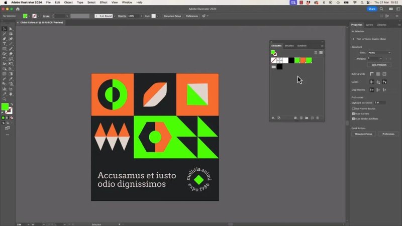 The finalized geometric graphic layout in Adobe Illustrator, demonstrating how updating a single global swatch instantly recolors all linked elements from yellow to bright green across the entire composition.