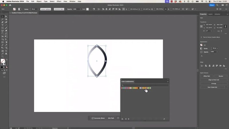 Adobe Illustrator workspace showing a selected curved, leaf-like vector outline with a thick 30-point stroke. A floating 