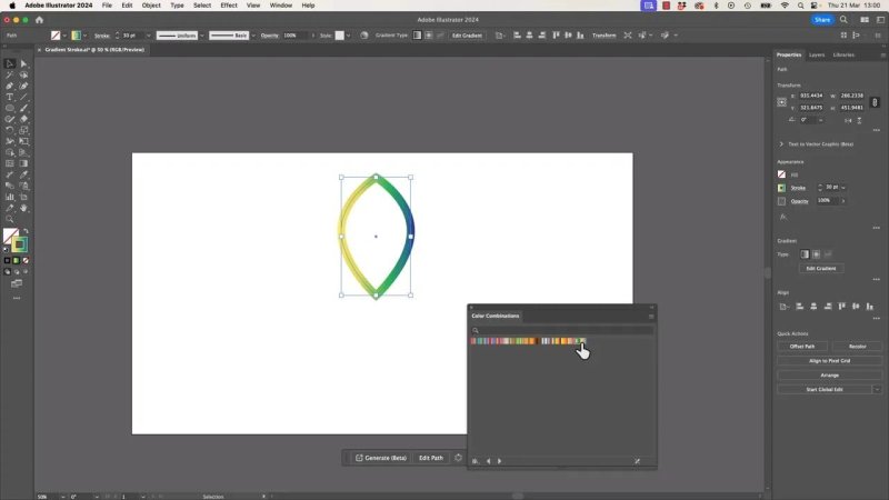 Adobe Illustrator workspace showing a yellow-to-blue-to-green gradient applied across a 30-point vector stroke, with a cursor selecting a color theme swatch from a custom palette window.