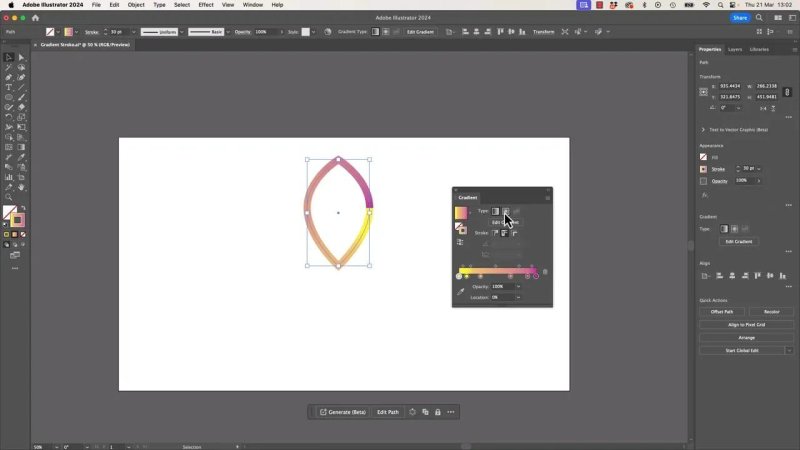 The Gradient floating panel open in Adobe Illustrator, with the cursor clicking the 