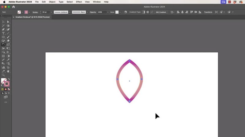 A leaf-shaped vector path with a thick pink-and-purple gradient stroke centered on a white canvas in Adobe Illustrator, with anchor points highlighted along the center line of the path.