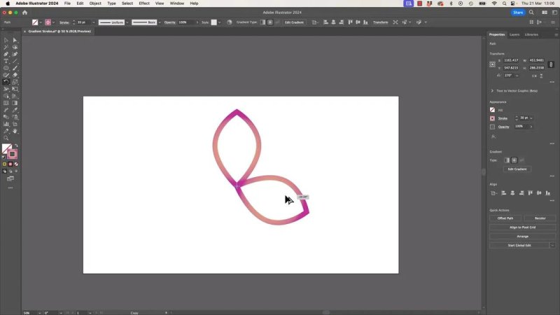 Adobe Illustrator workspace showing a copy of the gradient leaf shape being rotated dynamically around its base anchor point with a tool tooltip indicating the rotation angle.