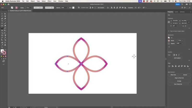 The final vector graphic in Adobe Illustrator, showing four identical leaf shapes with matching pink-and-purple gradient strokes arranged symmetrically to form a clean, four-petaled flower design.