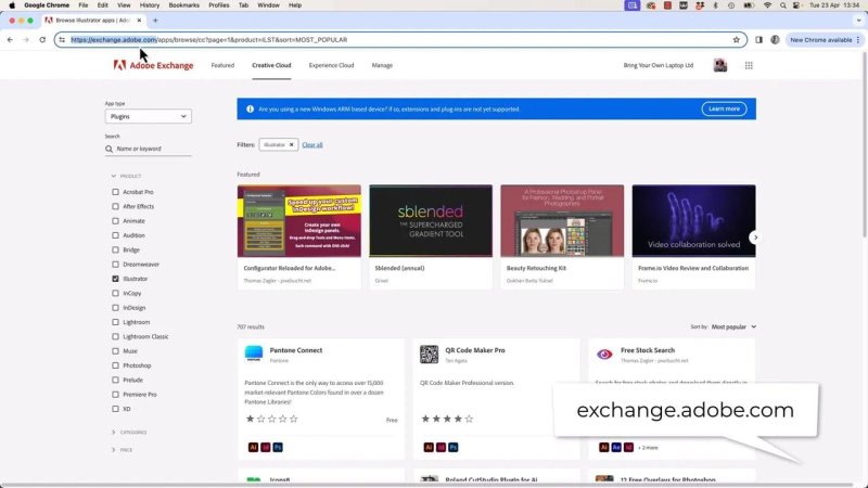 A Google Chrome browser window showing the Adobe Exchange website with the Illustrator filter selected, displaying available plugins like Pantone Connect and QR Code Maker Pro.