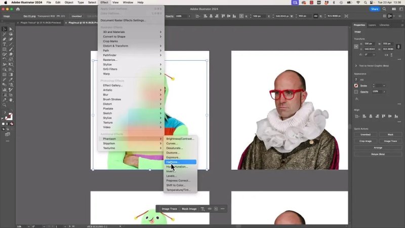 Adobe Illustrator interface showing a portrait image of Dan Scott selected on the artboard, with the Effect dropdown menu open, navigating through Phantasm to select the Halftone option.