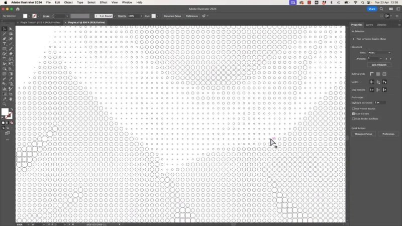 Adobe Illustrator canvas zoomed in at 600 percent, displaying a detailed grid pattern of vector halftone circles varying in scale.