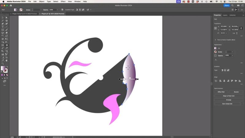 Adobe Illustrator artboard showing a stylized whale vector graphic with a gradient fill panel active on a section of the design.