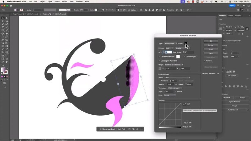 Adobe Illustrator interface showing the Phantasm Halftone settings dialog box open over a whale vector graphic, previewing a monochrome halftone effect on a selected path.