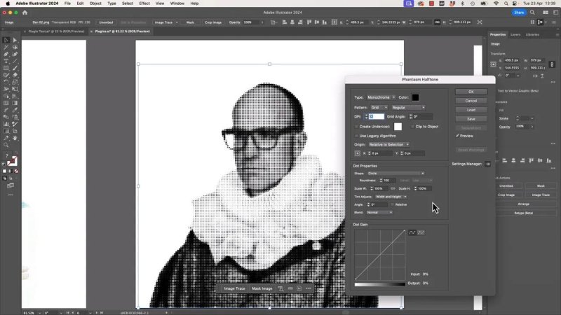 Adobe Illustrator interface with the Phantasm Halftone dialog box open, showing a photographic portrait of Dan Scott completely converted into a high-contrast monochrome vector halftone dot pattern.