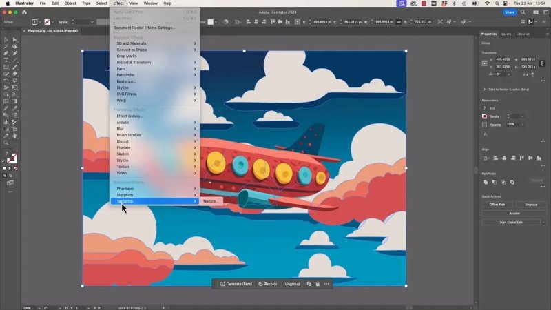 Adobe Illustrator 2024 interface showing a vector illustration of an airplane flying through clouds, with the Effect menu open navigating to the Texturino option under Additional Effects.