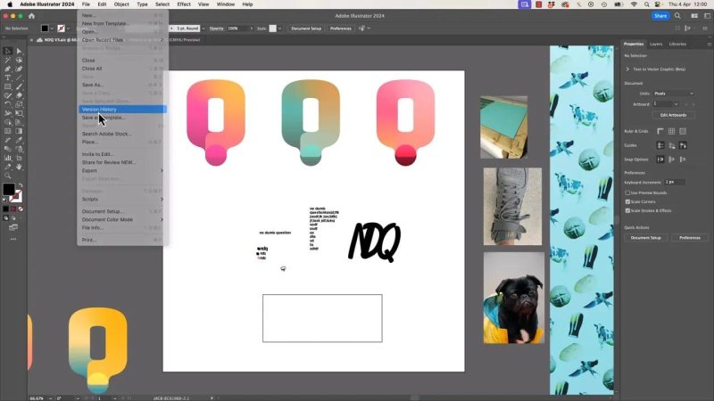 Adobe Illustrator File menu dropdown with the cursor selecting the Version History option to access saved iterations of a cloud document.
