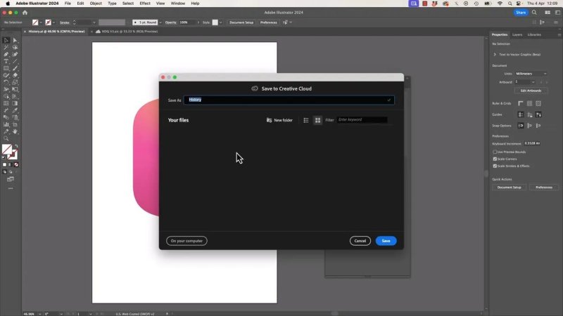 Adobe Illustrator 2024 interface showing the Save to Creative Cloud dialog box, demonstrating how to save a file as an Illustrator cloud document to enable automatic version tracking.