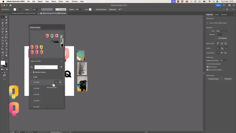 The active Version History panel in Adobe Illustrator 2024, showing a vertical timeline of saved versions with timestamps and a cursor selecting options to edit version info.