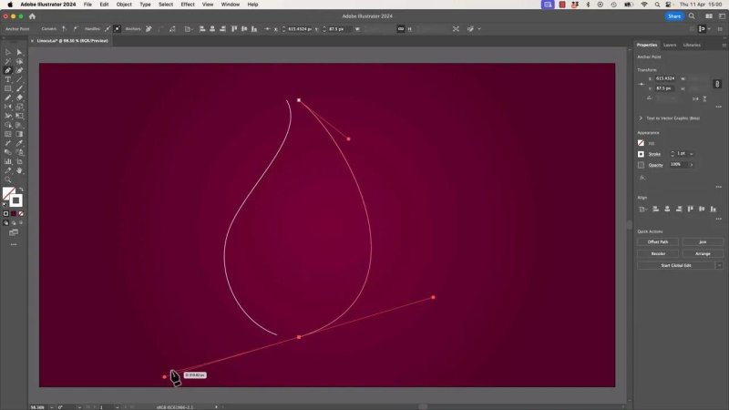 Adobe Illustrator workspace showing two curved vector lines drawn with the Pen tool on a dark maroon background. The anchor points and control handles of the active path are highlighted, establishing a teardrop-shaped base.