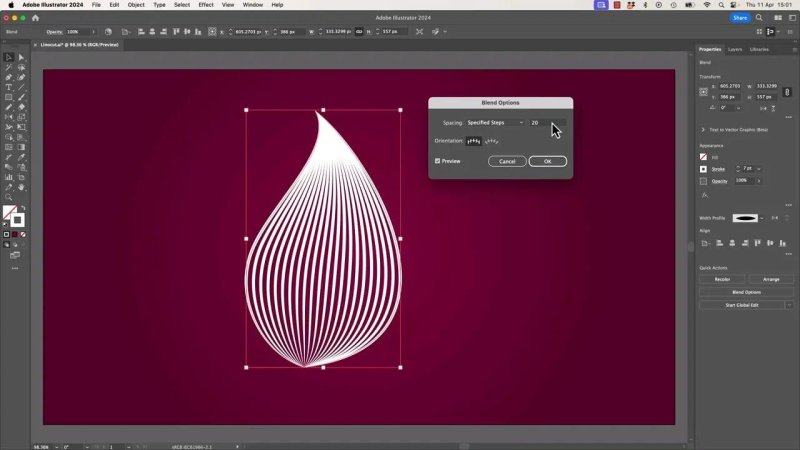 The 'Blend Options' dialog box open in Adobe Illustrator, with the spacing option set to 'Specified Steps' at a value of 20, creating a smooth transition of white lines that fill the teardrop shape.