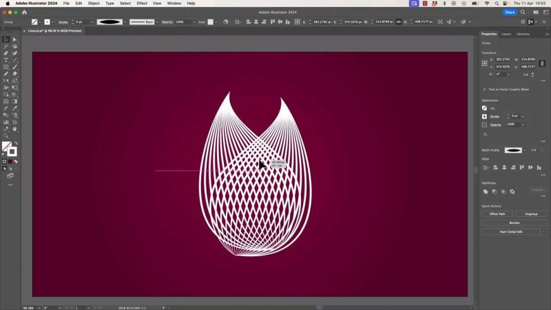 A high-magnification close-up view in Adobe Illustrator showing a new set of three simple vector arch lines being drawn to construct the top cap of the artwork.