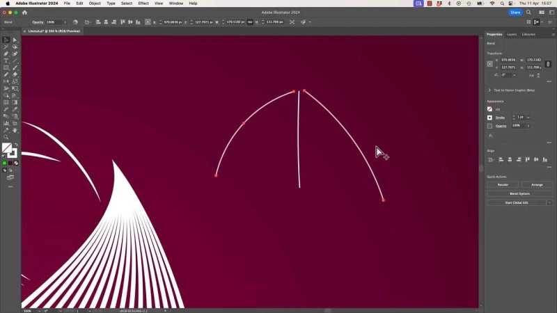 A high-magnification close-up view in Adobe Illustrator showing a new set of three simple vector arch lines being drawn to construct the top cap of the artwork.