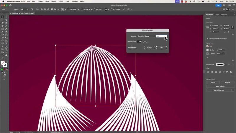 The 'Blend Options' dialog box open in Adobe Illustrator, setting a value of 15 'Specified Steps' to create a radiating fan pattern across the top cap paths.