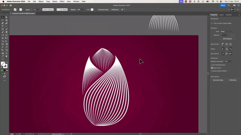 The final assembled vector illustration on a dark maroon background, combining multiple layered blends into a stylized, clean white linocut or woodblock-style rosebud graphic.