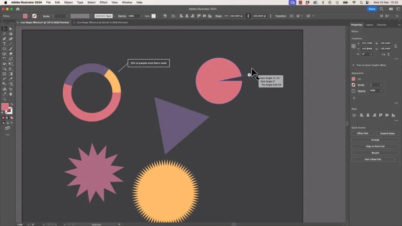 Adobe Illustrator canvas displaying an assortment of vector graphics including a multi-colored donut chart, a purple triangle, two starburst designs, and a pink pie chart shape being modified with a live angle widget tooltip.