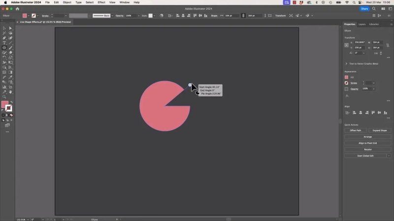 A pink circle path in Adobe Illustrator being modified using its built-in pie widget handle to cut out a wedge section, displaying an on-screen tracking tooltip for start, end, and pie slice angles.