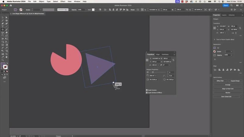 A purple triangle selected in Adobe Illustrator with the polygon side-count slider widget active, displaying an on-screen tooltip showing 