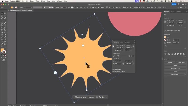 An orange star shape selected in Adobe Illustrator showing live inner radius, outer radius, and point widgets, with the Transform panel open revealing detailed 