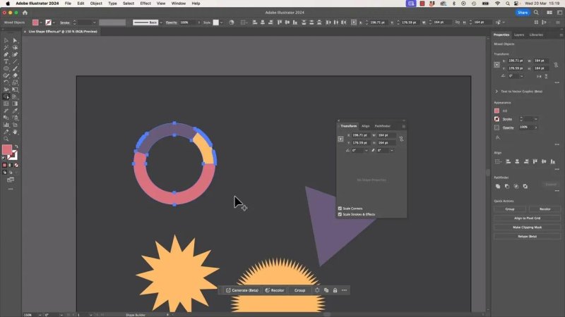 A multi-colored segmented ring path highlighted with blue vector outlines in Adobe Illustrator, showing individual live slice components being selected and managed on the artboard canvas.