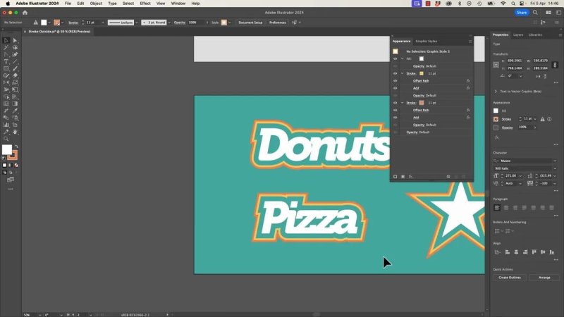 Adobe Illustrator workspace showing the text 'Donuts' and 'Pizza' with a multi-layered offset outline effect alongside a large white star. The Appearance panel is open on the right, displaying stacked multiple fills, strokes, and applied path effects.