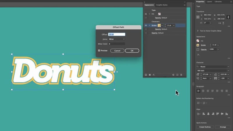 The 'Offset Path' dialog box active over the word 'Donuts' in Adobe Illustrator, with the offset parameter set to 10 pixels and a miter join configuration to expand the stroke boundary outward cleanly.