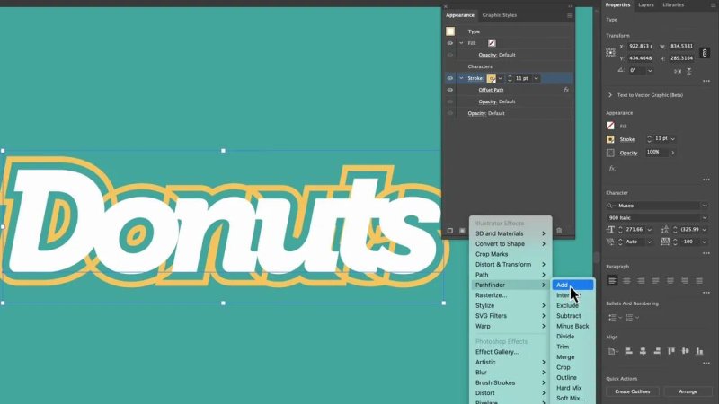 Adobe Illustrator workspace showing the 'Effect' menu navigated to 'Pathfinder' and highlighting the 'Add' command, being applied to a stroke layer within the Appearance panel stack.
