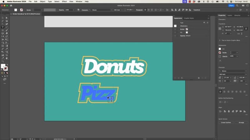 Editing editable live text in Adobe Illustrator where the word 'Pizza' is actively being modified using the Type tool while automatically maintaining its layered orange and yellow offset stroke styles.