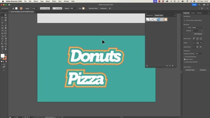 The final text layout for 'Donuts' and 'Pizza' on a teal background in Adobe Illustrator, showcasing clean, non-destructive vector offset outlines with the Graphic Styles panel visible.
