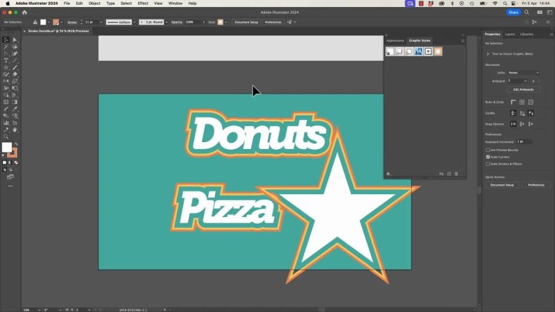 Adobe Illustrator workspace demonstrating a saved Graphic Style being applied instantly to a newly drawn vector star shape, reproducing the exact orange, yellow, and white stacked offset appearance.