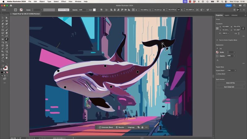 Adobe Illustrator workspace showing a stylized vector illustration of a whale flying through a futuristic, neon-colored city street. The Puppet Warp tool is active, with several placement pins visible along the whale's body and a cursor manipulating the tail pin.