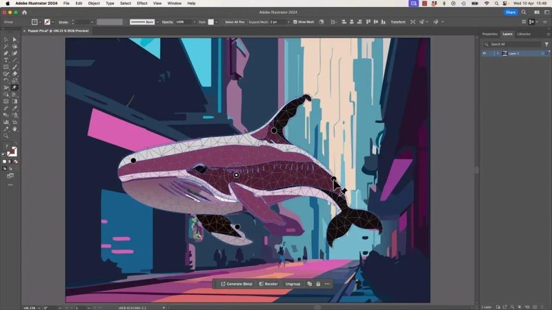 Adobe Illustrator workspace demonstrating the Puppet Warp tool with the 'Show Mesh' option enabled, revealing a dense, triangular geometric mesh overlay covering the entire whale vector illustration.