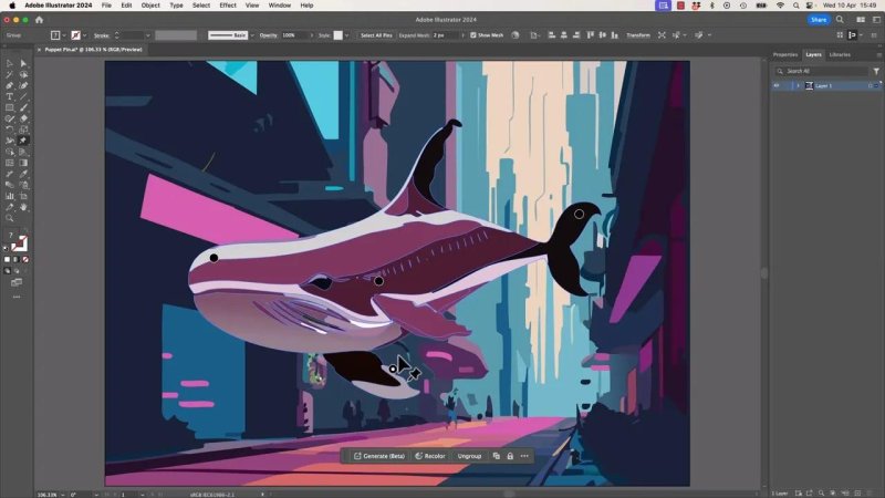 Vector illustration of the whale in Adobe Illustrator, showing the result of the Puppet Warp tool adjustment where the whale's tail has been rotated and bent downward into a new position.