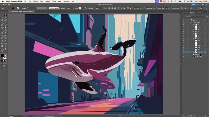 Adobe Illustrator workspace showing the whale illustration with its tail fin paths and anchor points selected using the Direct Selection tool, alongside an open Layers panel displaying the vector hierarchy.