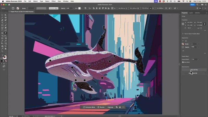 The Puppet Warp mesh overlay visible on the whale illustration in Adobe Illustrator, with the cursor pointing to the 'Select All Pins' action button in the Properties panel on the right.