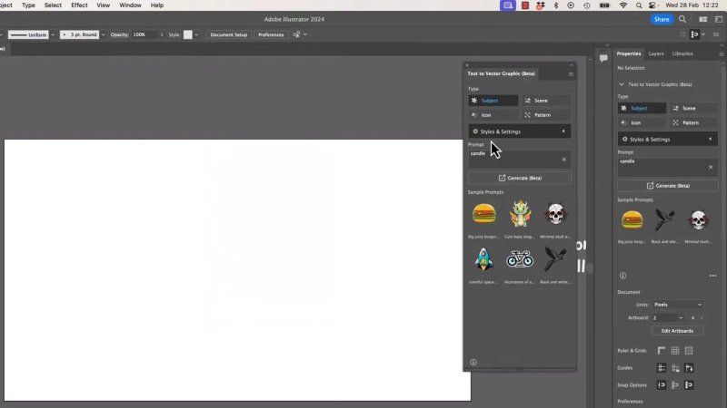 Adobe Illustrator 2024 workspace highlighting the open Text to Vector Graphic panel on the right, configured to generate a Subject with the text prompt candle entered above a blank artboard.