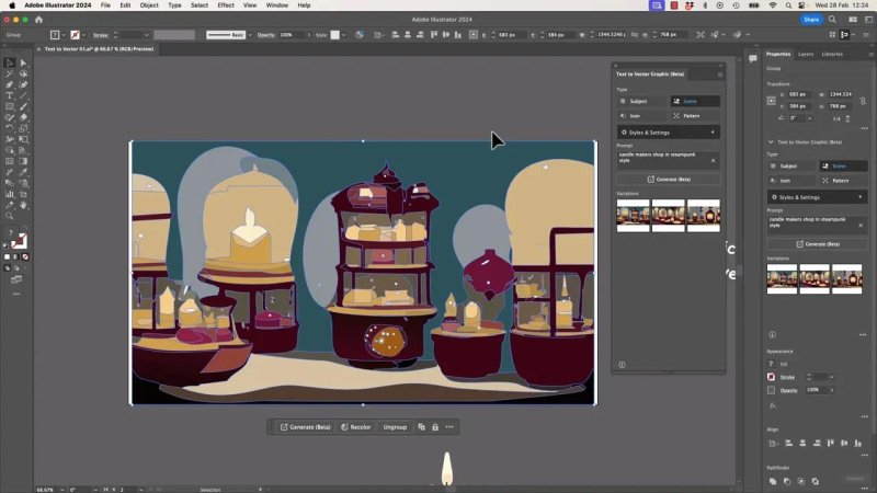 Adobe Illustrator artboard displaying a complex generative scene of a steampunk candle maker's shop, showing how the engine transitions from single object creation to detailed environment design.
