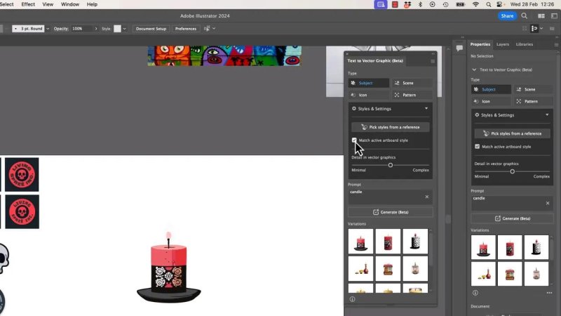 The Text to Vector Graphic panel showing the Styles and Settings tab expanded, with the cursor enabling the Match active artboard style checkbox constraint.
